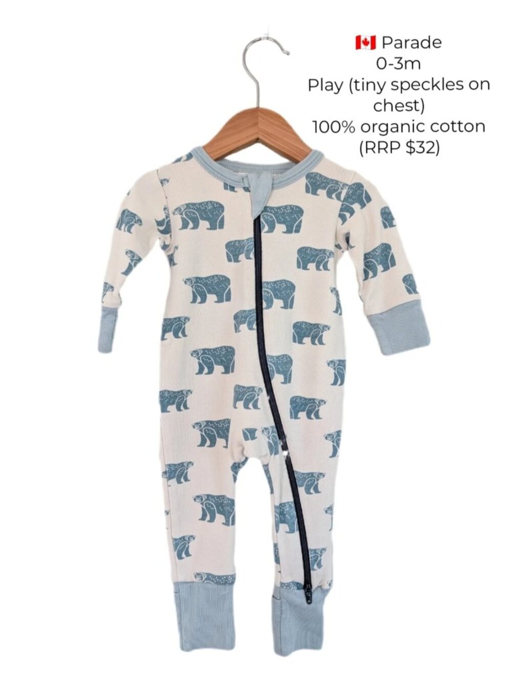 Parade Polar Bear Convertible Zip Long Sleeve Romper Sleeper 0-3m